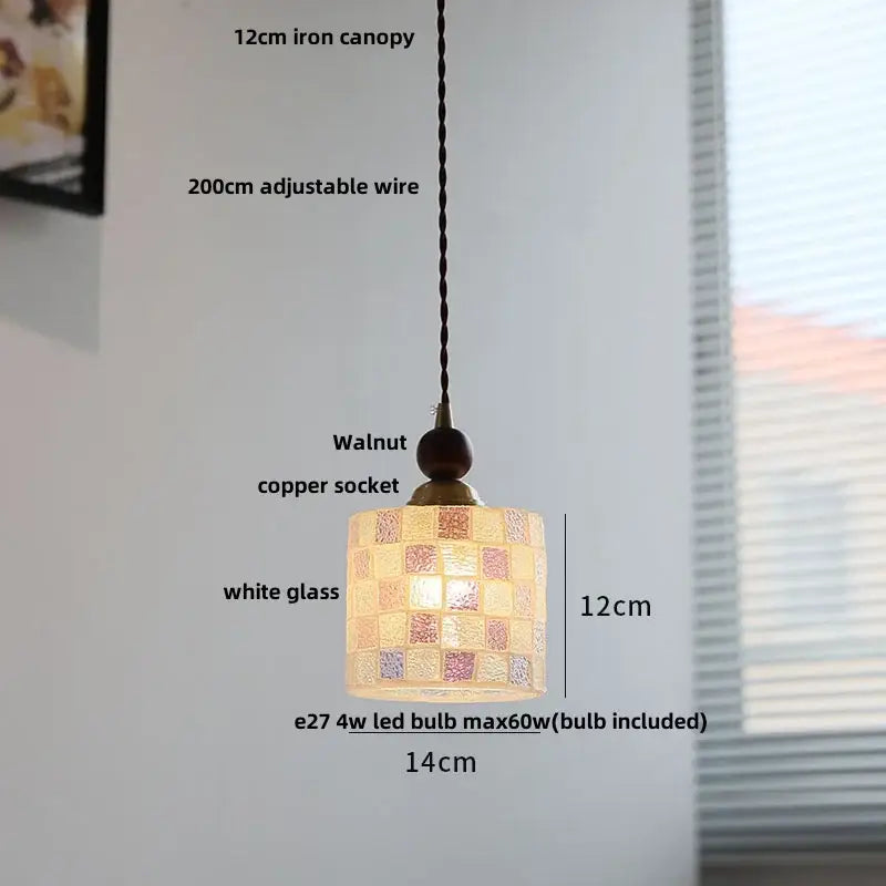 Modern amber glass led pendant light with 12cm white mosaic shade featuring pink and gold accents for dining room