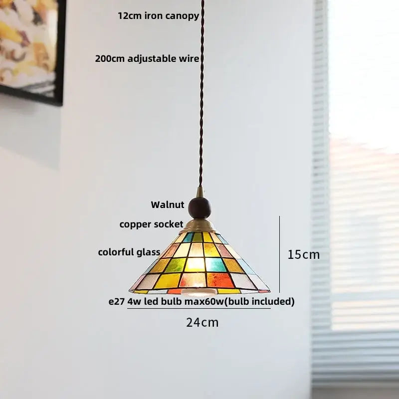 Modern amber glass led pendant light with colorful stained glass shade and walnut-finished copper socket for dining room