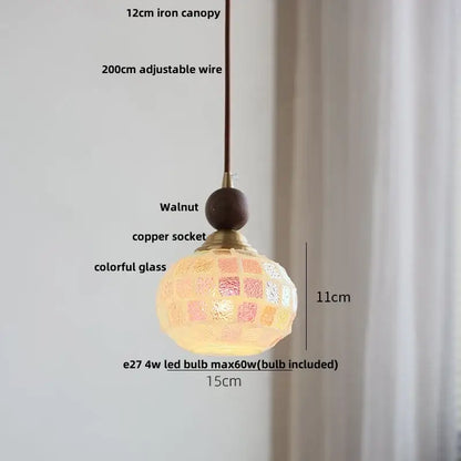 Modern amber glass led pendant light with spherical colorful mosaic glass panels and walnut finial for dining room