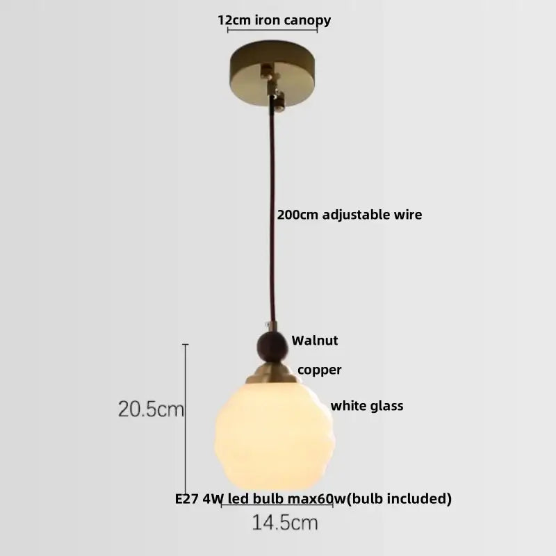 Modern amber glass led pendant light with white glass globe and walnut copper finial for dining room lighting