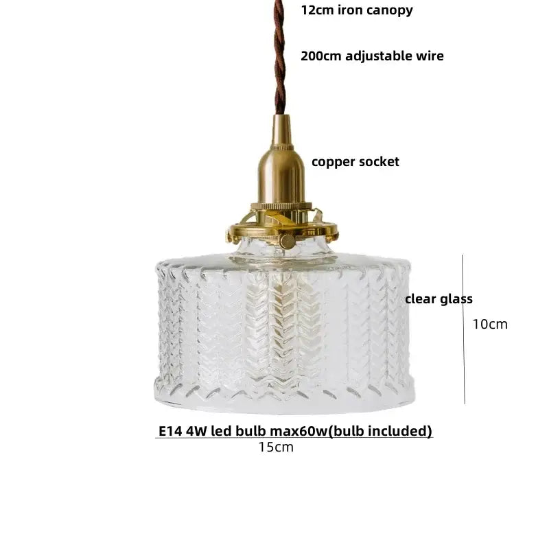Modern amber glass led pendant light with ribbed clear glass and brass fittings for kitchen or dining areas