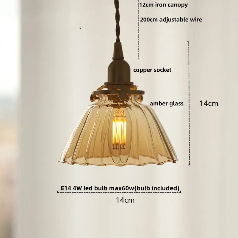 Antique-style pendant light with 12cm iron canopy copper socket and amber glass led fluted scalloped shade