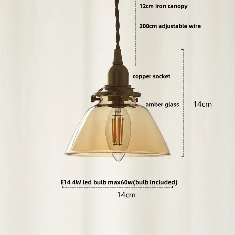 Vintage-style pendant light with 12cm iron canopy copper socket and amber glass led shade for modern kitchen use