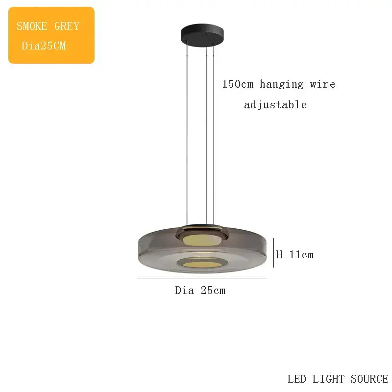 Modern amber glass chandelier led pendant with smoke grey circular light and adjustable 150cm hanging wire for dining room
