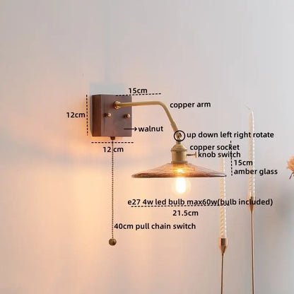 Modern amber glass led wall sconce with copper arm, walnut base, and e27 led bulb for stylish bedroom decorbites led wall lighting