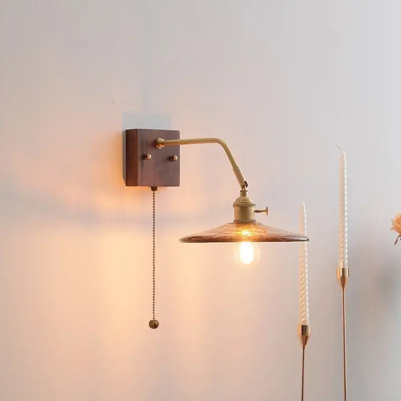 Modern amber glass led wall sconce with brass finish wooden backplate and pull chain light for bedroom decorbites led wall use