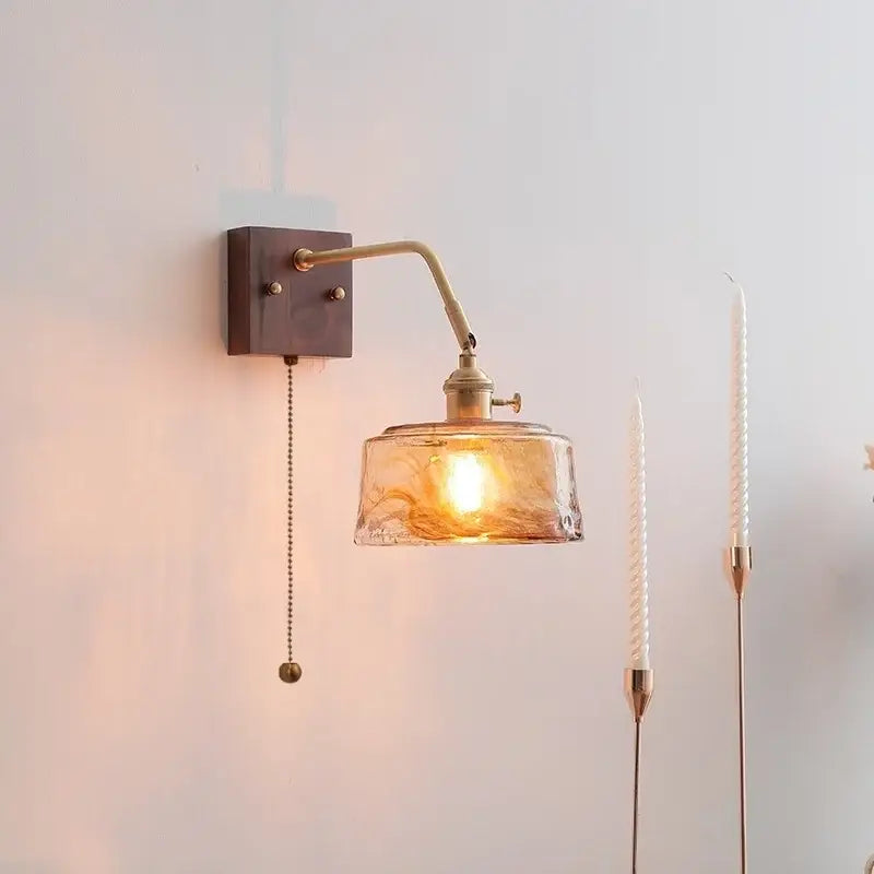Modern amber glass led wall sconce with brass finish and pull chain for bedroom decorbites led wall lighting