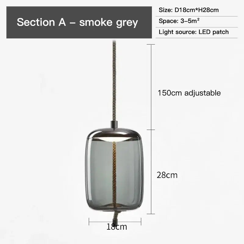 Smoke grey cylindrical glass pendant light with a metallic finish and led patch light source for modern decorbites brokis knot glass