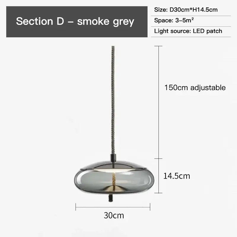 Modern amber glass pendant light with gold accents featuring a smoke grey brokis knot glass and adjustable 150cm chain pendant light