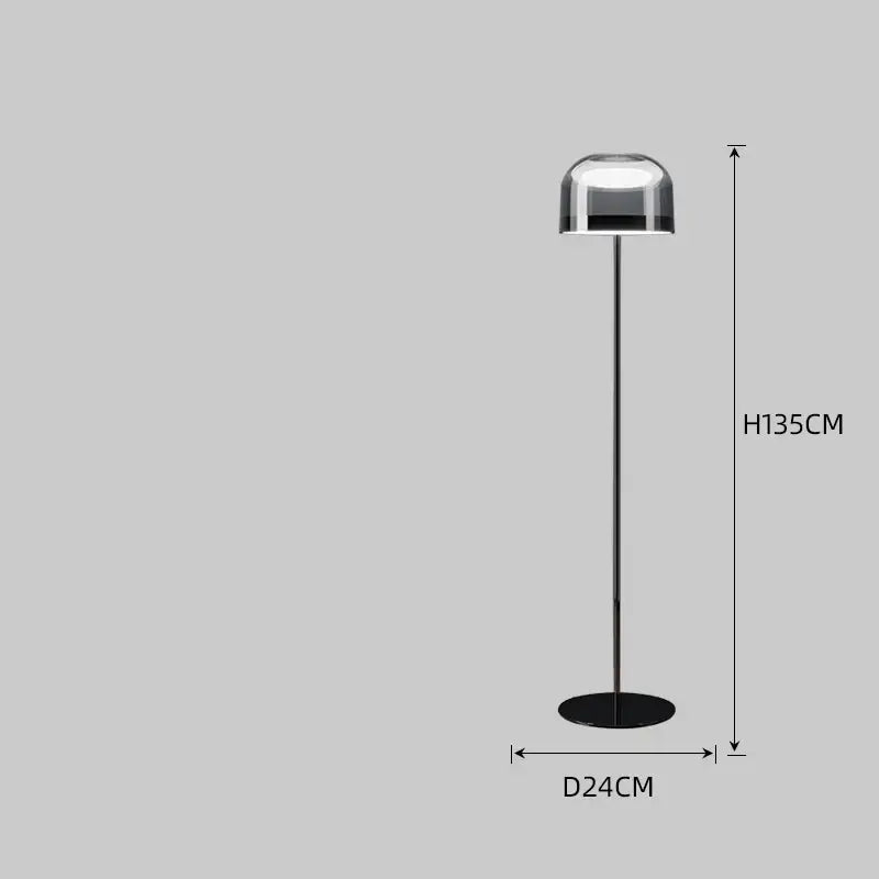 Modern black floor lamp with glass pendant light top and slender metallic stem complementing pendant light design