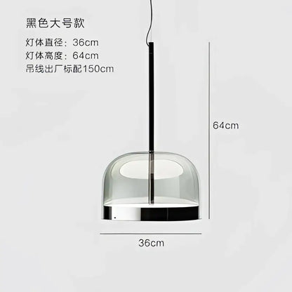 Modern amber glass pendant light with black dome shape transparent glass body and polished chrome base for dining room