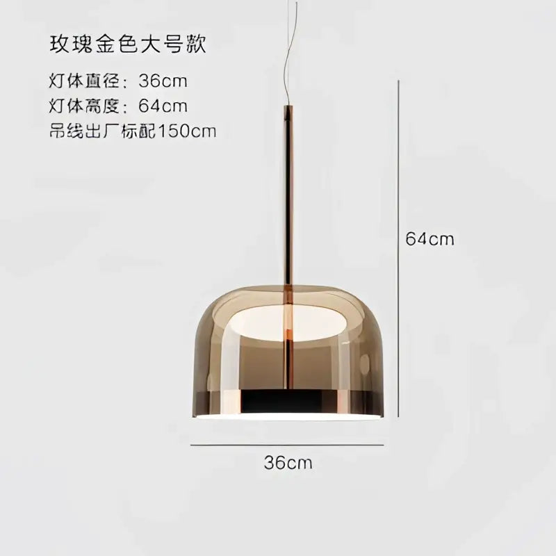 Modern amber glass pendant light with a dome design and copper finish ideal for dining room lighting