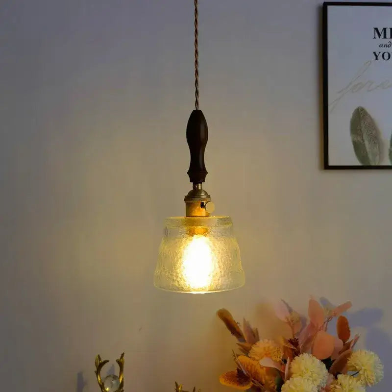 Modern amber glass pendant light with warm-toned textured amber glass, dark wood handle, and hammered brass decorbites hardware