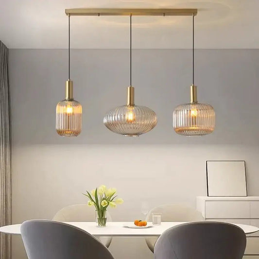 Modern amber glass pendant light dining room set 3 - Decorbites