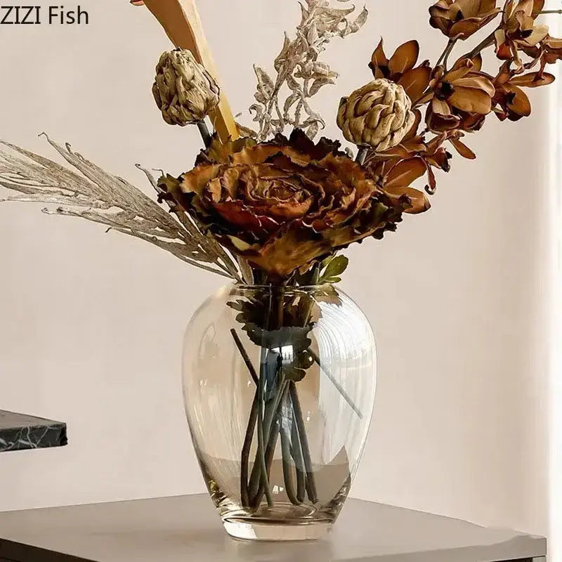 Modern amber glass vase decorbites transparent glass vase holding dried brown and gold flowers for living room decor