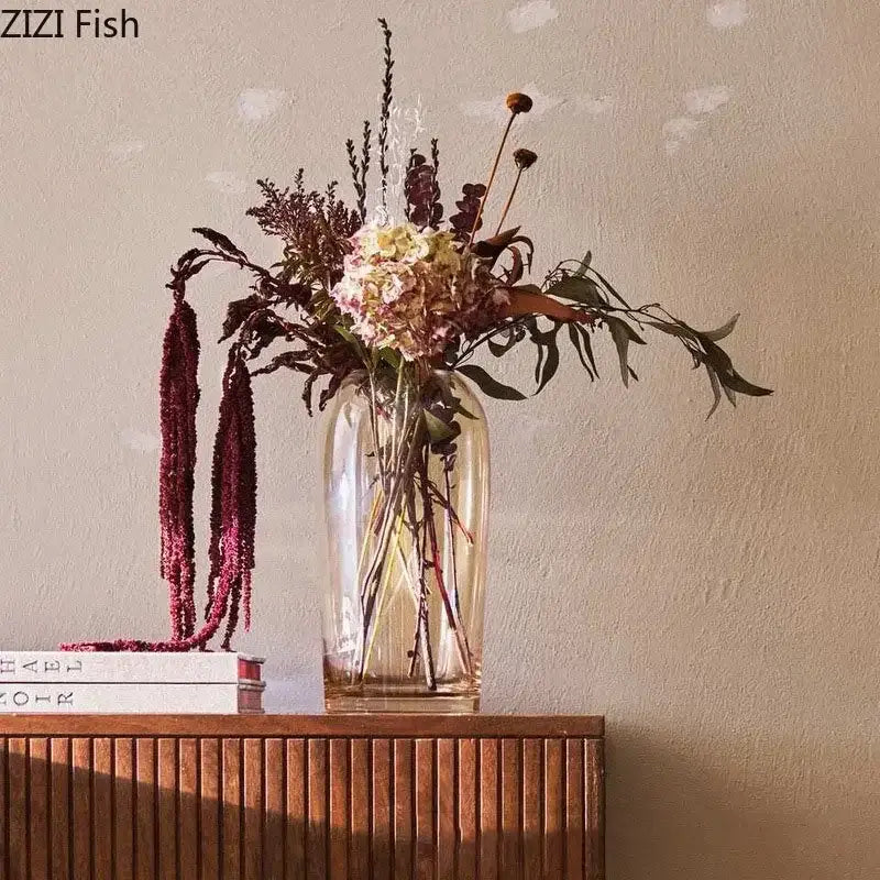 Modern amber glass vase transparent flower pot holding dried flowers and greenery for decorbites amber glass decor