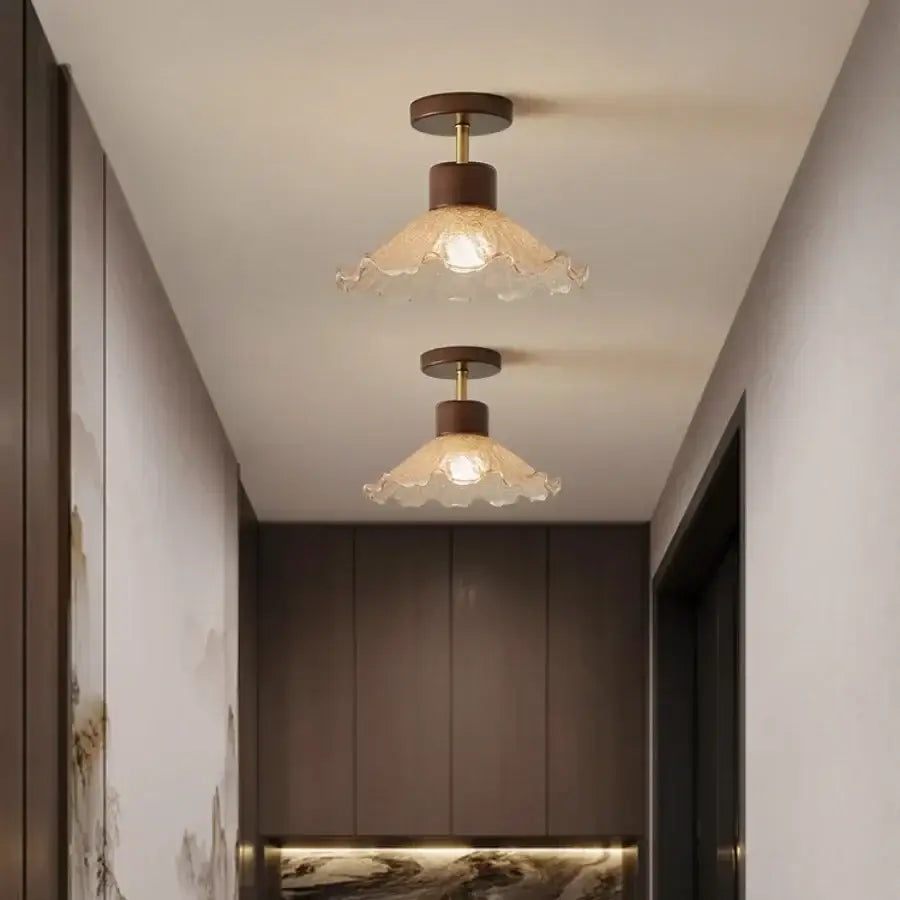 Two warm-toned modern amber glass wood LED ceiling lights with frosted shades for living room decorbites amber glass