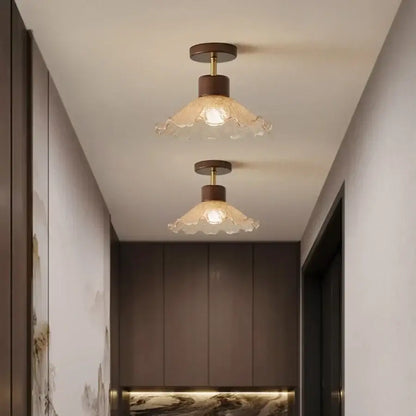 Two warm-toned modern amber glass wood LED ceiling lights with frosted shades for living room decorbites amber glass