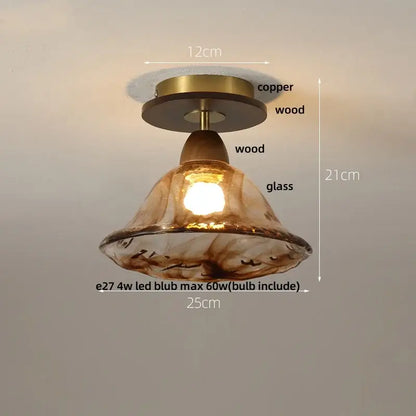 Modern amber glass wood led ceiling light featuring a warm amber glass pendant with copper and wood decorbites amber glass fixture
