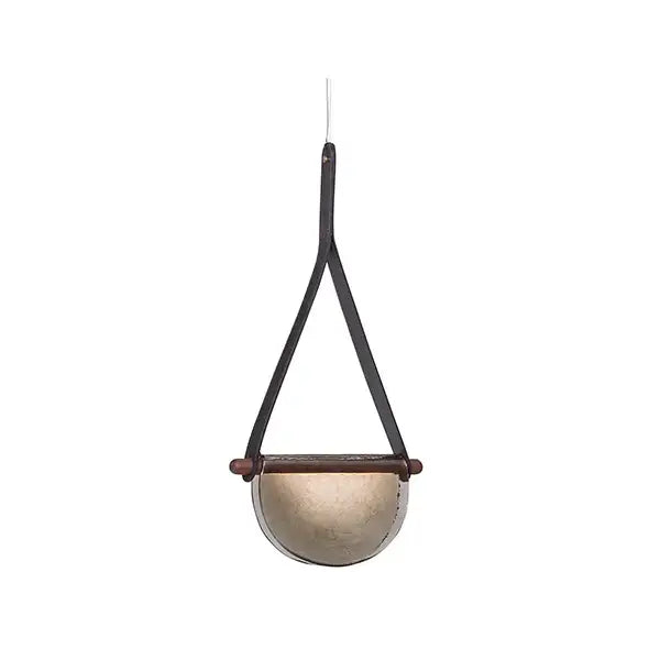 A sleek half-moon pendant lamp with matte gold metal and dark brown leather straps by decorbites handmade leather