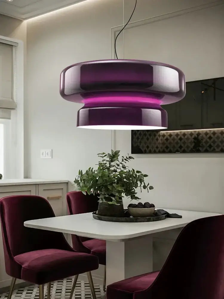 Modern amber green glass pendant light with tiered purple glass finish and illuminated inner ring for dining room decorbites amber green decor