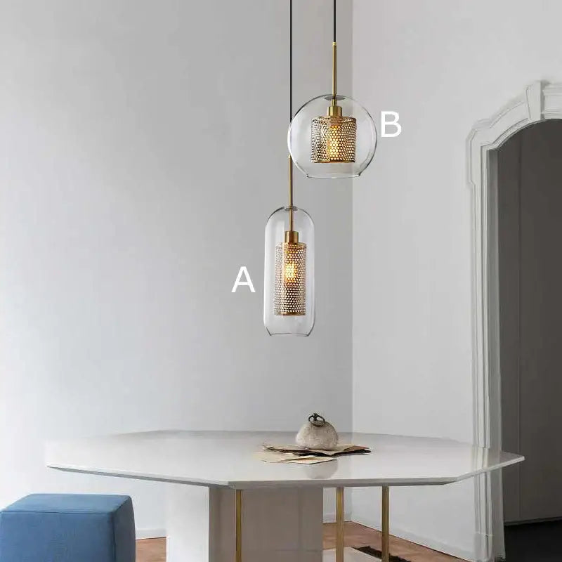 Modern amber honeycomb decorbites glass ball pendant light with gold-toned mesh interior glass ball led for kitchen use