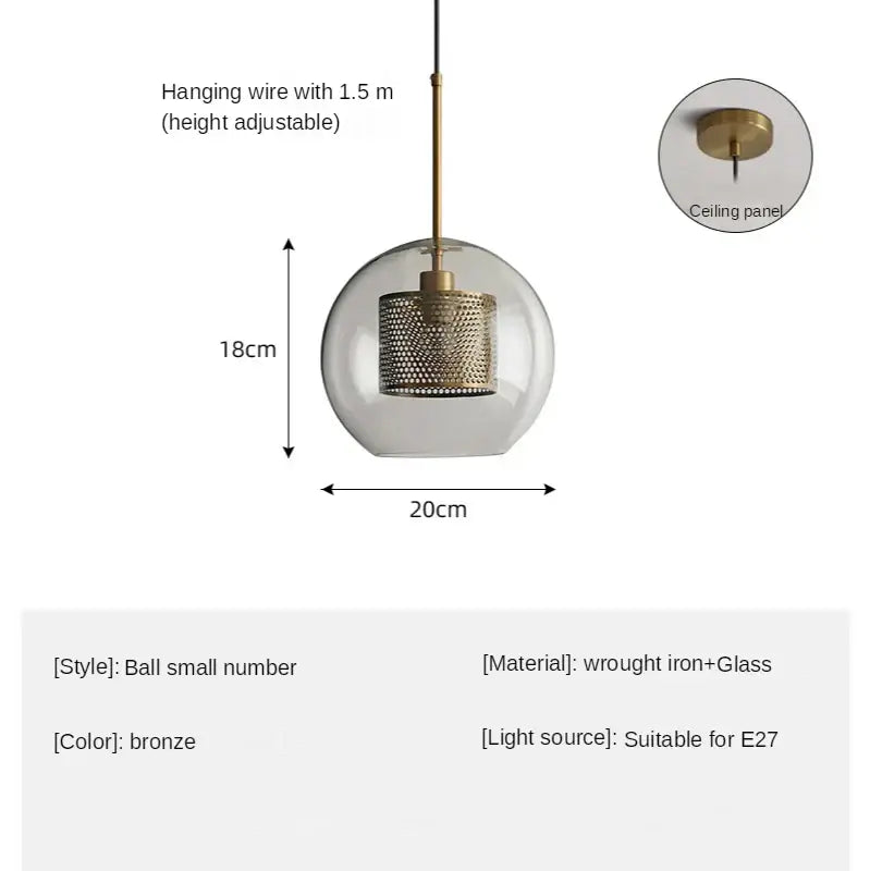 Modern amber honeycomb decorbites glass ball pendant light with bronze perforated metal cage and clear glass globe for kitchen