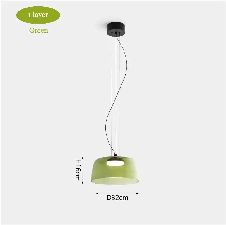 A modern green single-layer pendant light with sleek curved design and black ceiling mount for decorbites levels colorful glass
