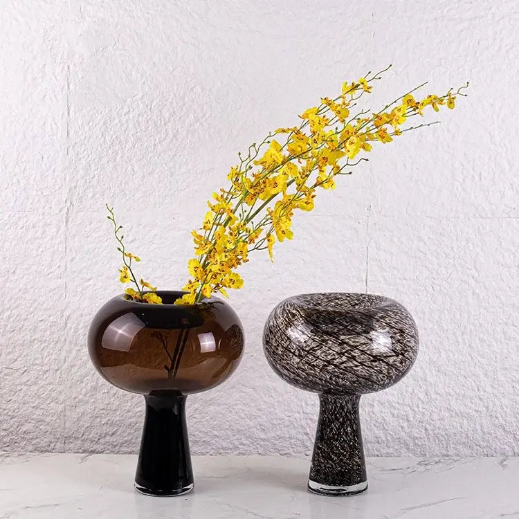 Two modern geometric glass vases in amber and black-and-white marble finish for flower arranger decorbites decor