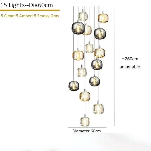 Modern amber and smoke crystal staircase chandelier with 15 spherical glass lights suspended by adjustable chains