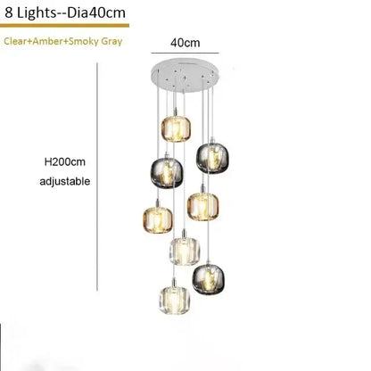 Modern amber and smoke crystal staircase chandelier with eight glass globe lights and chrome ceiling mount for living room