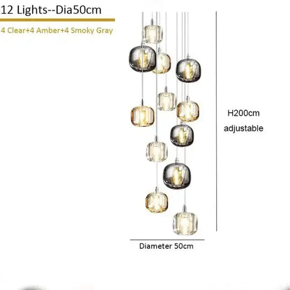Elegant 12-light modern crystal staircase chandelier with amber and smoky gray glass globes on chrome chains for living room