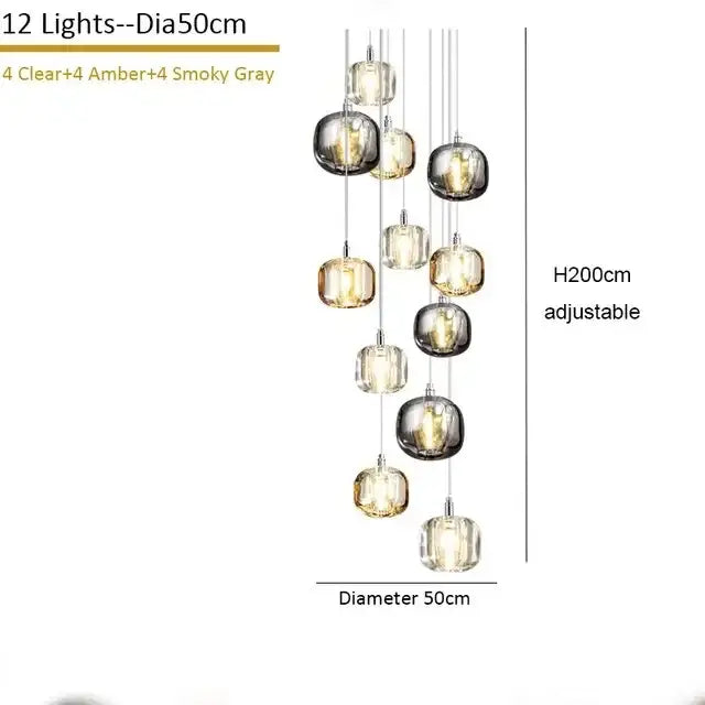 Elegant 12-light modern crystal staircase chandelier with amber and smoky gray glass globes on chrome chains for living room