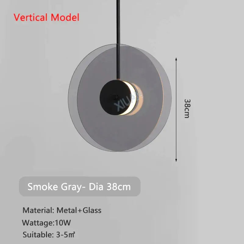 Modern amber smoke gray glass pendant lamp with smoke gray circular metal and glass design 38cm diameter 10w wattage