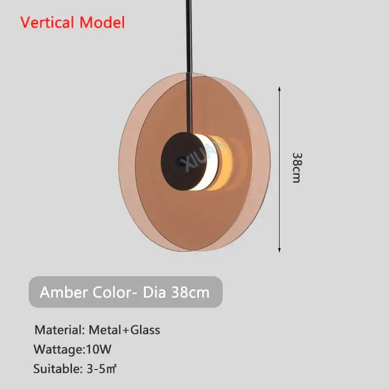 Modern amber smoke gray glass pendant lamp with amber-colored circular smoke gray glass and metal design 38cm diameter