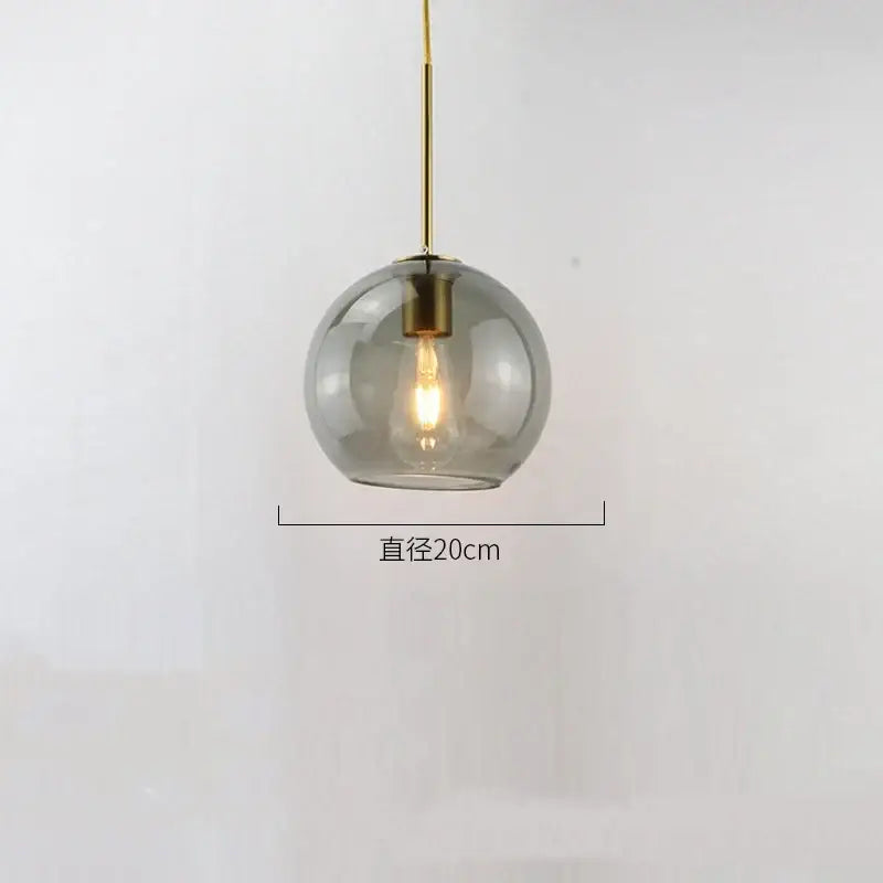 Modern amber smoked gray decorbites glass ball led pendant light with 20cm translucent glass globe and brass rod for dining room lighting
