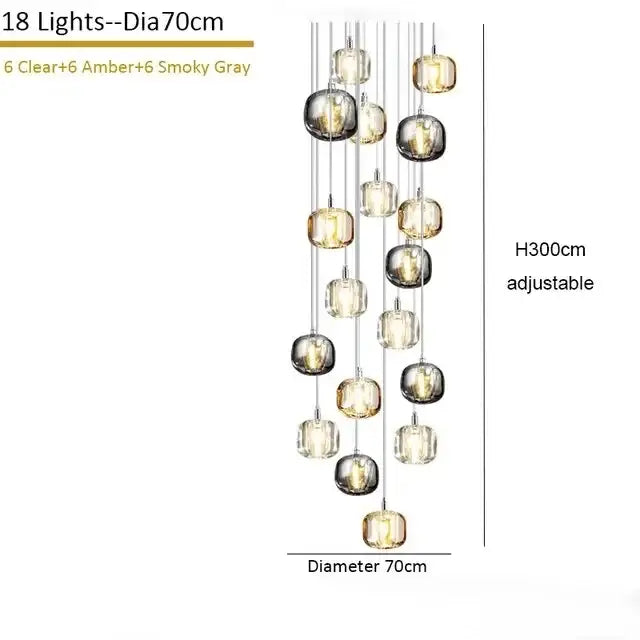 A modern crystal staircase chandelier with 18 amber smoky gray and clear glass globe lights for dining rooms