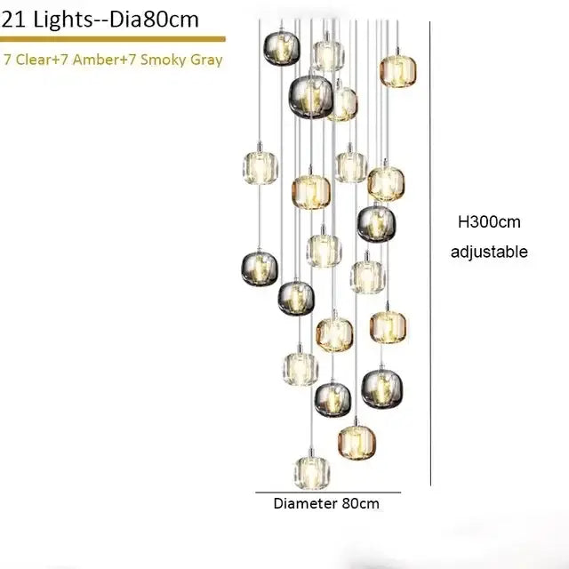 Modern amber and smoky grey crystal staircase chandelier with 21 spherical glass lights and adjustable chrome chains