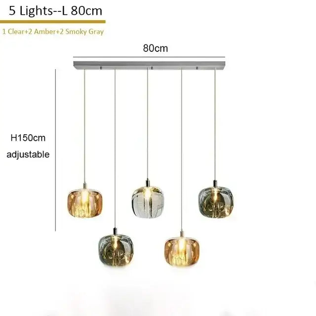 Modern amber and smoky grey crystal staircase chandelier with five glass globe bulbs on a silver metal bar