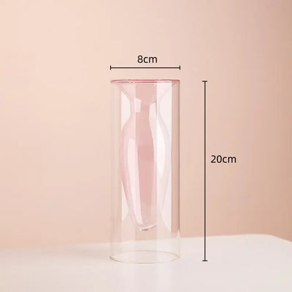 Transparent glass double glazing stained vase with pink inner silhouette, 8cm diameter, 20cm tall for living room decor