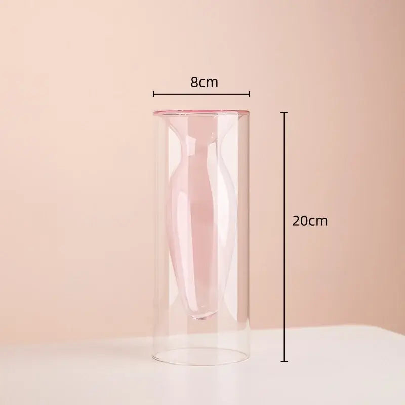 Transparent glass double glazing stained vase with pink inner silhouette, 8cm diameter, 20cm tall for living room decor