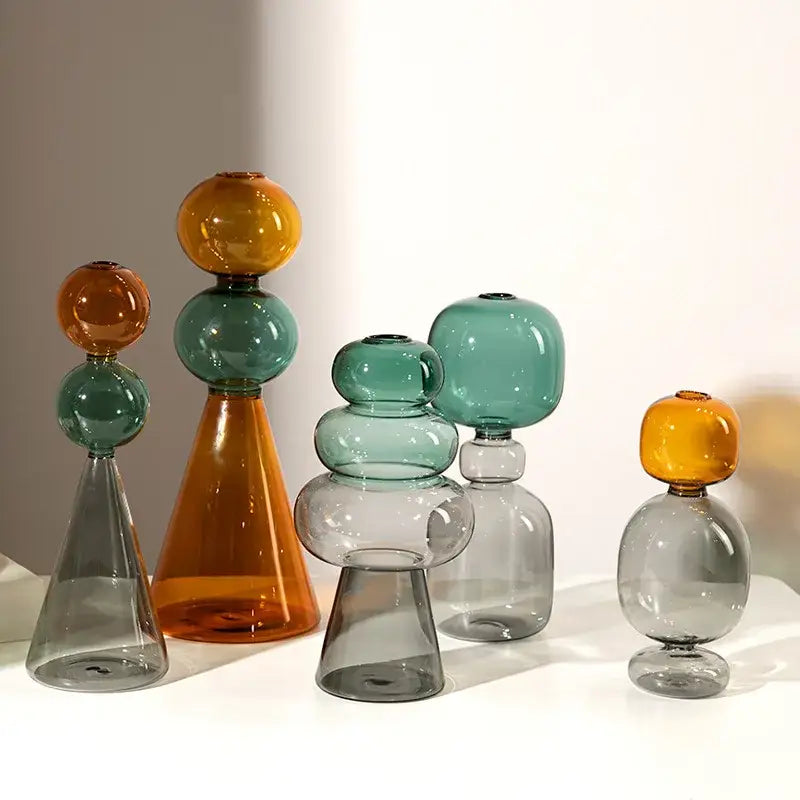 Set of modern stained glass vases in amber and teal with double glazing stained design for living room decor