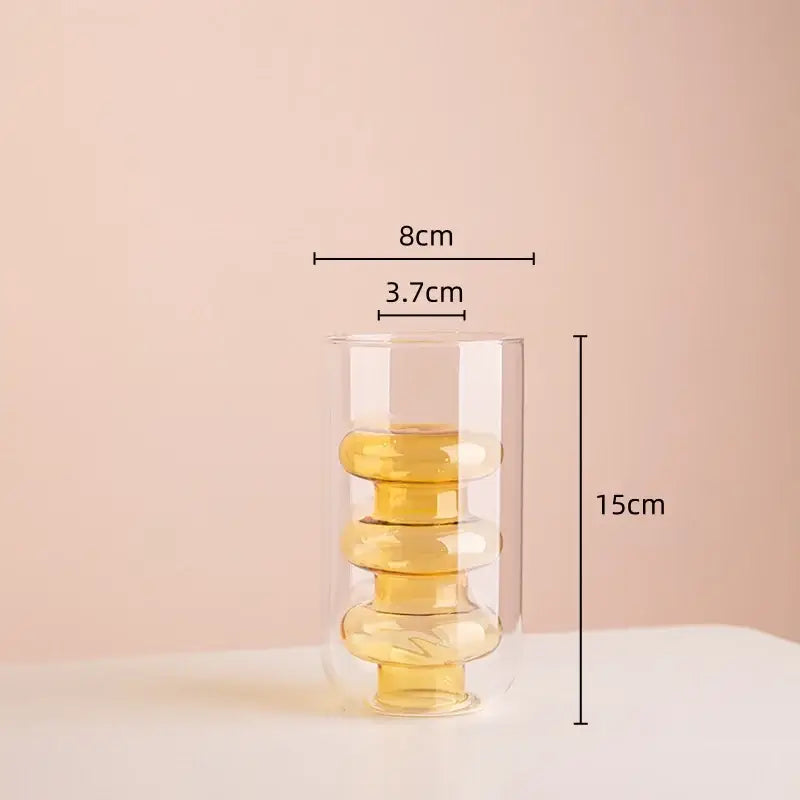 Clear glass vase with three amber circular tiers 15cm tall featuring double glazing stained glass design for living room decor