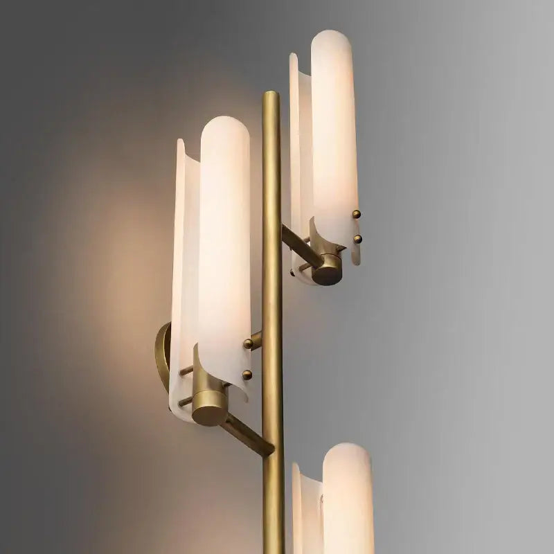 Modern brass led wall sconce with frosted glass shades in amber and white for bedroom decorbites led wall lighting