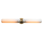 Brass-finished modern amber and white led wall sconce with two frosted glass shades for bedroom decorbites led wall lighting