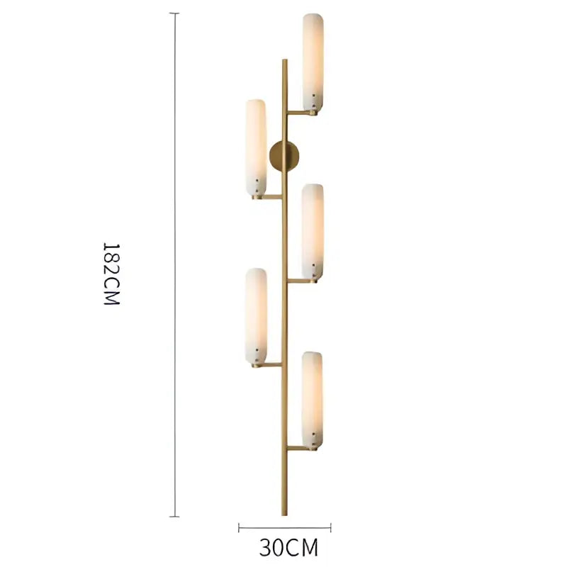 Modern brass-finished wall sconce with five frosted glass shades vertical design for decorbites led wall bedroom lighting
