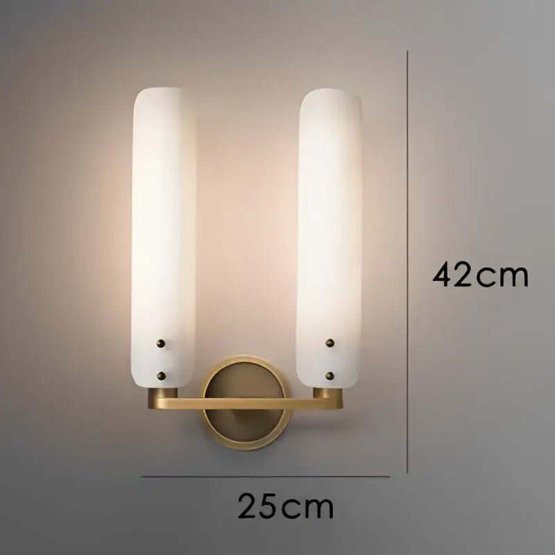 Modern amber and white gold-toned led wall sconce with two frosted glass shades for bedroom decorbites led wall light
