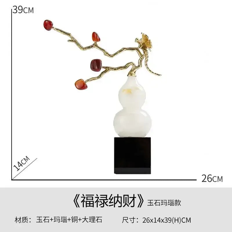 Modern crystal jade gourd wealth ornament with white jade and copper featuring red gemstone fruits for living room decorbites crystal jade