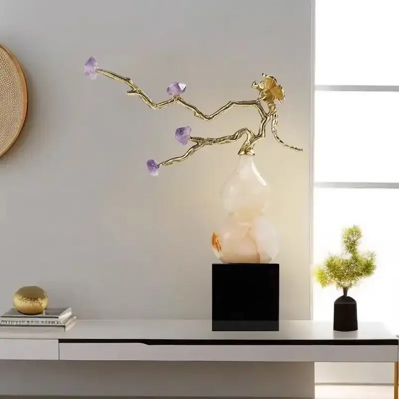 Modern amethyst and decorbites crystal jade gourd wealth ornament with golden branch and purple crystal blossoms on stone base