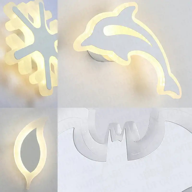 Modern animal acrylic kids led wall light featuring a sleek gray dolphin shape with glowing white outline decorbites kids led